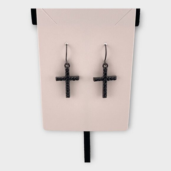 Vintage Black Spanish Crystal Cross Earrings - Picture 2 of 9